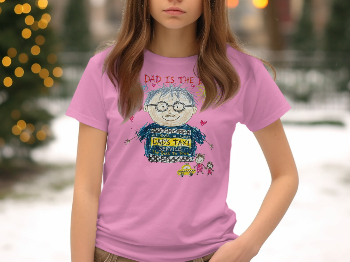 Pink t-shirt with child's drawing of "Dad's Taxi Service".