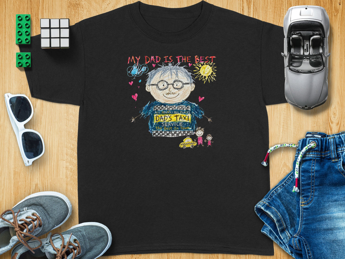 Black t-shirt with a crayon drawing of a dad and "My Dad is the Best" text.