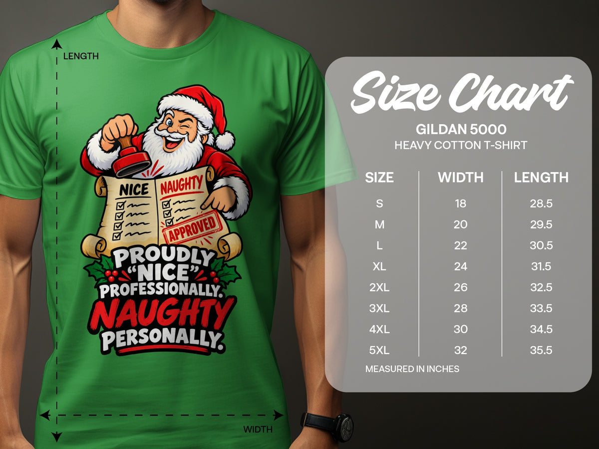Santa holding "Naughty or Nice" list with size chart for Gildan 5000 t-shirts.