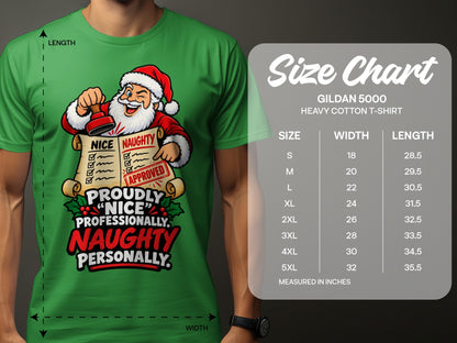 Santa holding "Naughty or Nice" list with size chart for Gildan 5000 t-shirts.