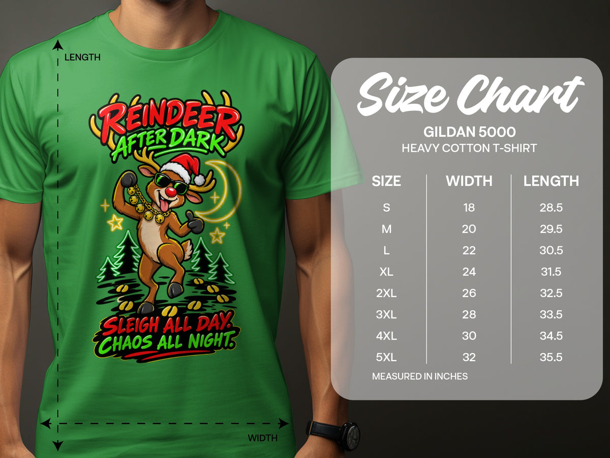 Green t-shirt with reindeer graphic and size chart for Gildan 5000 heavy cotton t-shirts.