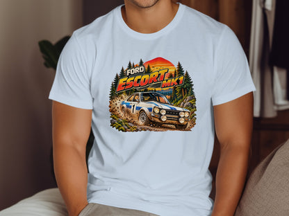 Ford Escort Mk1 rally car driving through trees with sunset and text.