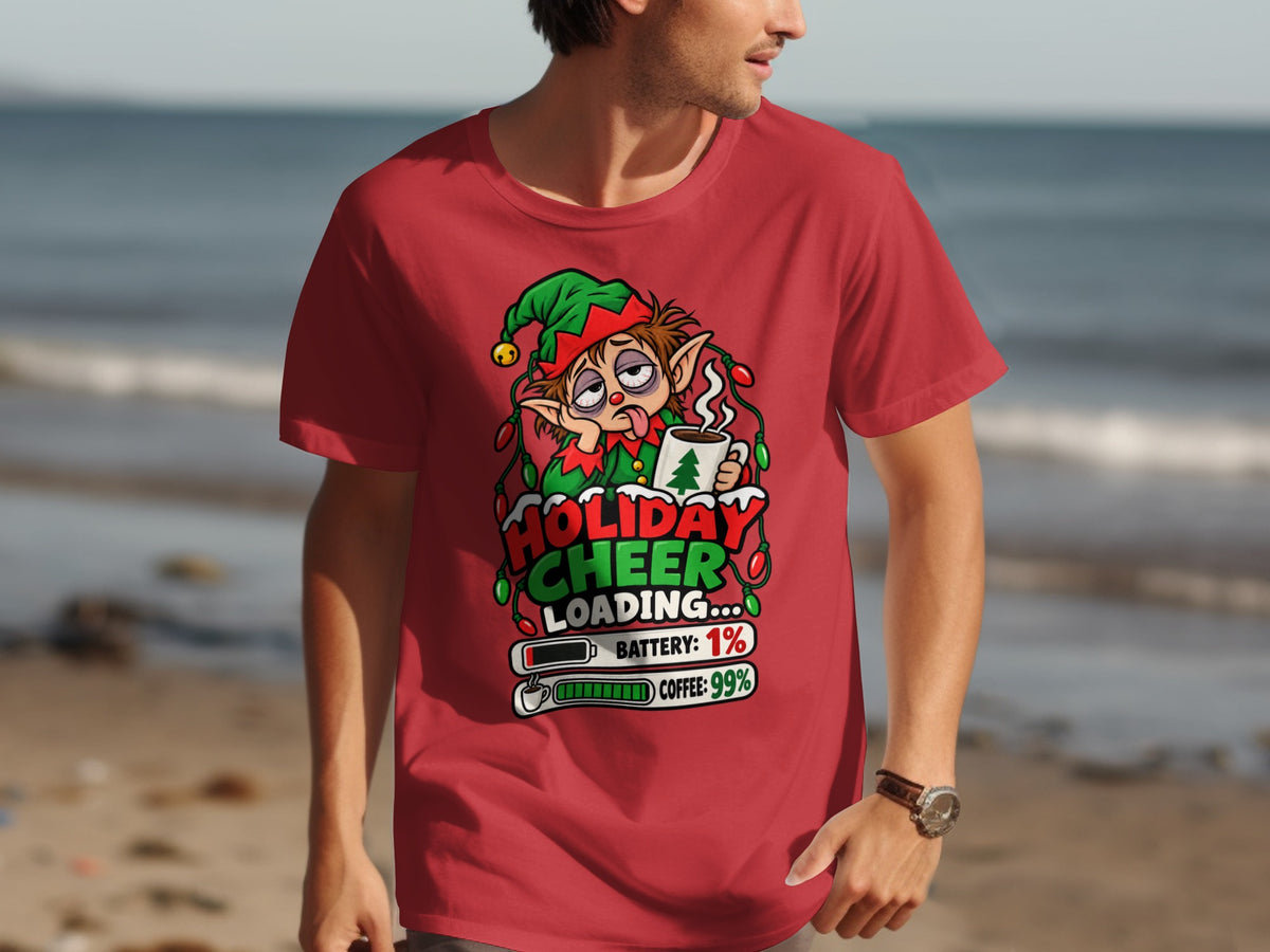 T-shirt with elf graphic and "Holiday Cheer Loading" text.