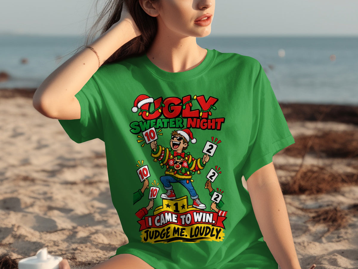 Green t-shirt with "Ugly Sweater Night" graphic and judge scores.