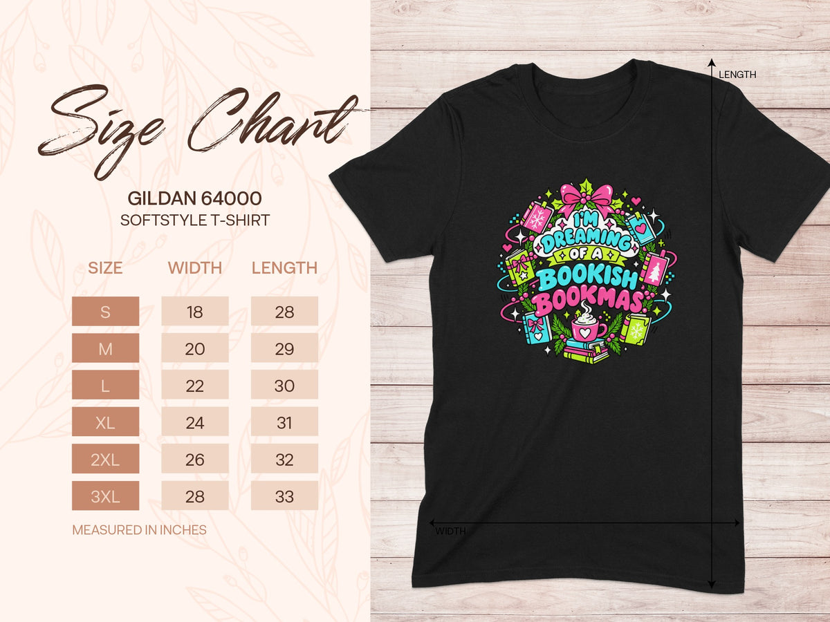 Black t-shirt with "I'm Dreaming of a Bookish Bookmas" graphic and size chart.