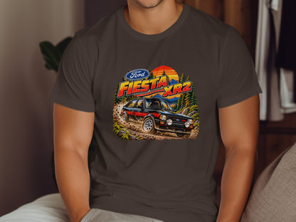 Ford Fiesta XR2 driving on a muddy off-road track with a sunset and trees.