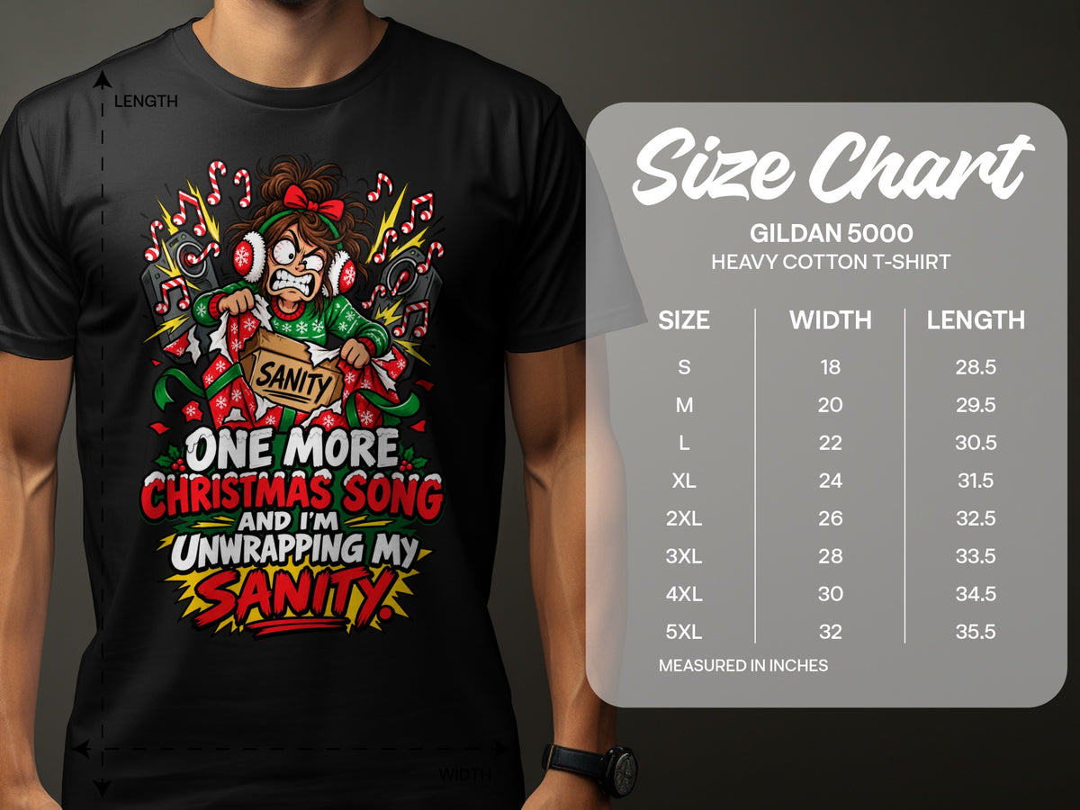 Black t-shirt with Christmas graphic and Gildan 5000 heavy cotton t-shirt size chart.