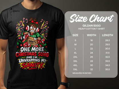 Black t-shirt with Christmas graphic and Gildan 5000 heavy cotton t-shirt size chart.