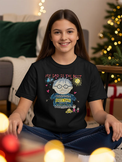 Black t-shirt with "My Dad is the Best" drawing and "Dad's Taxi Service" text.