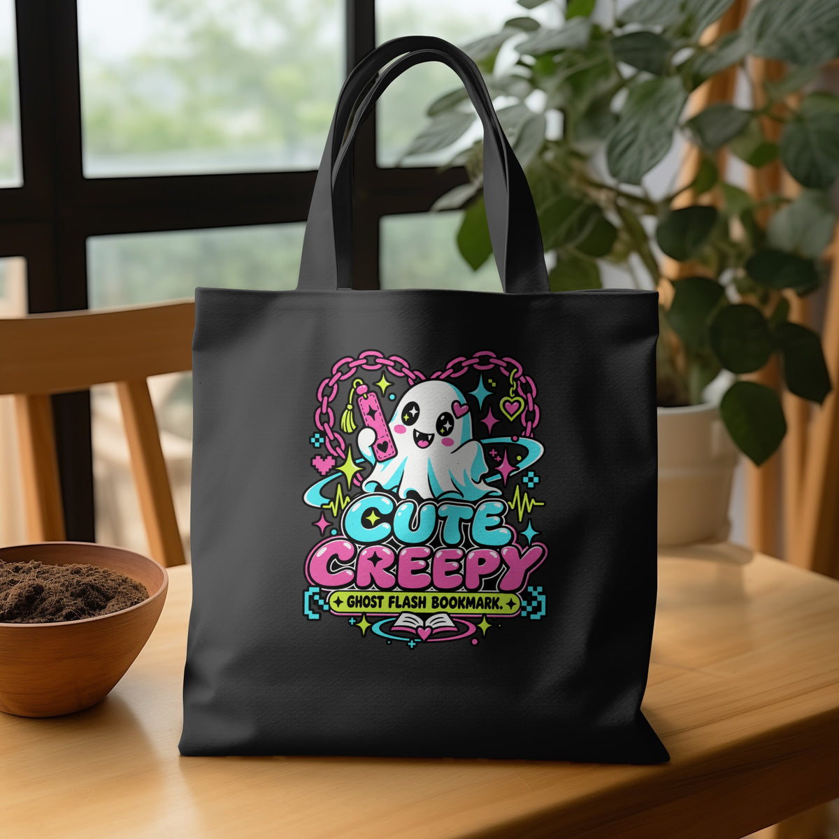 Black tote bag with "Cute Creepy Ghost Flash Bookmark" text and a ghost design.