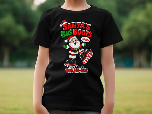 Black t-shirt with Santa, "Santa's Big Boots", and "Tiny Steps, Big Ho-Ho!" text.