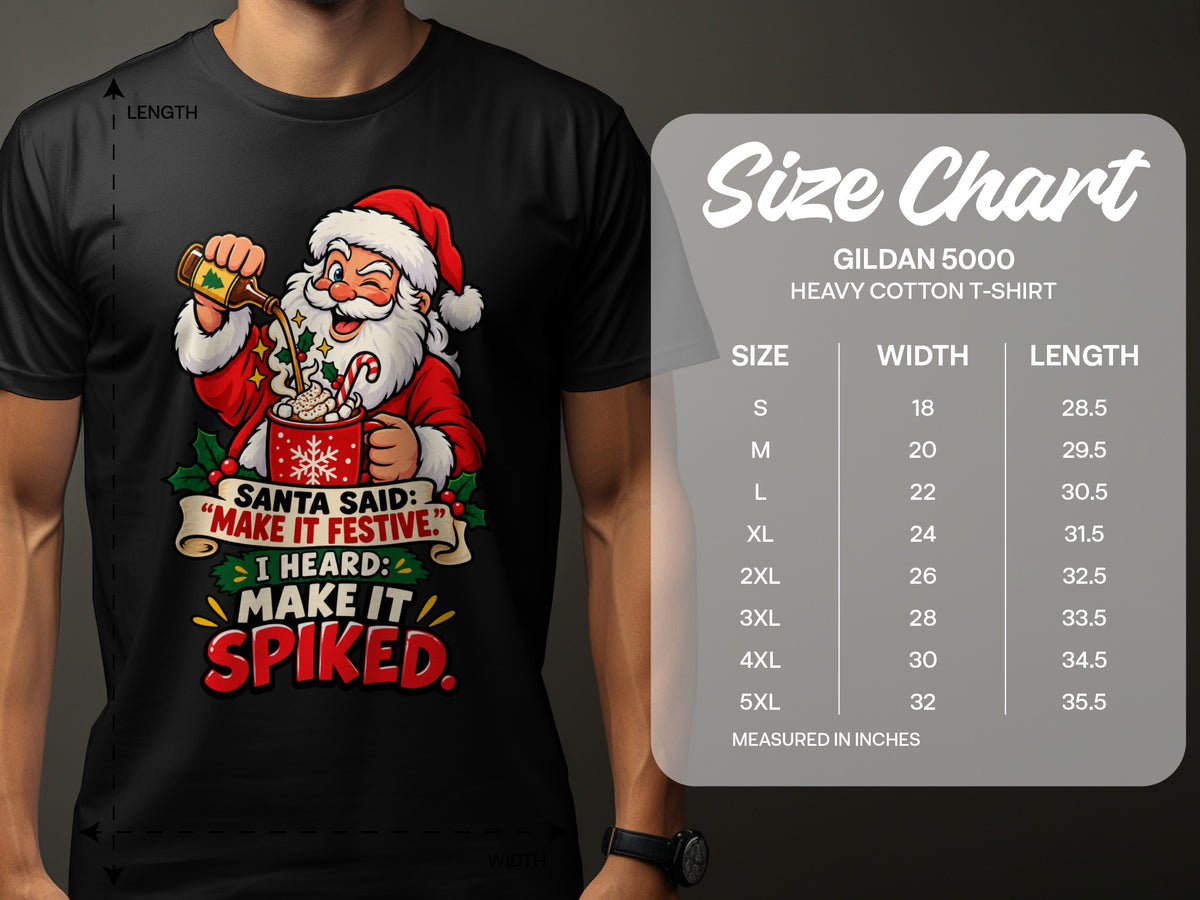 Santa pours drink into mug; size chart for Gildan 5000 heavy cotton t-shirt.