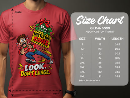 Red t-shirt with cartoon graphic and Gildan 5000 size chart.