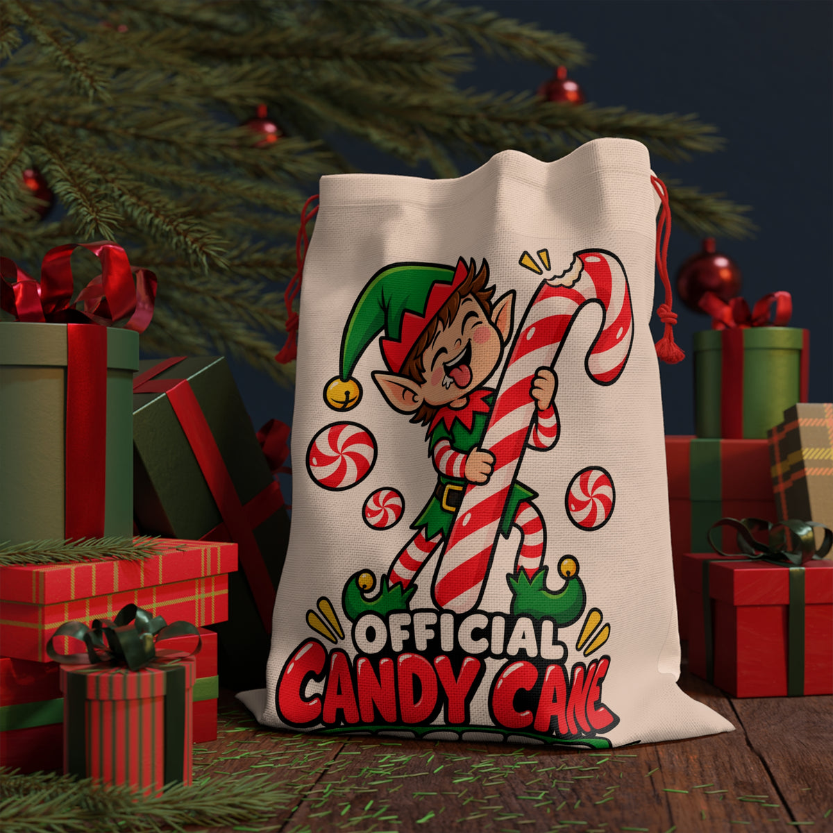 Elf holding candy cane with "Official Candy Cane" text on a Santa sack.