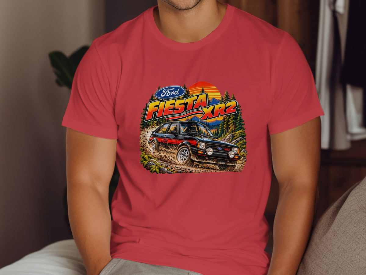 Ford Fiesta XR2 off-roading with sunset and mountains behind.