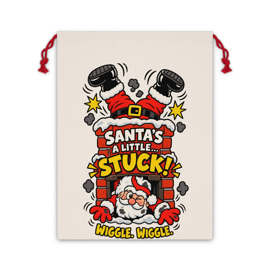 Santa stuck in chimney with text "Santa's A Little Stuck!" and "Wiggle Wiggle".