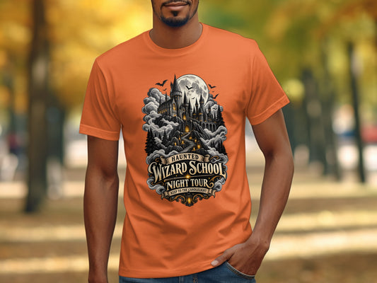 Orange t-shirt with Haunted Wizard School Night Tour graphic, featuring a castle and moon.