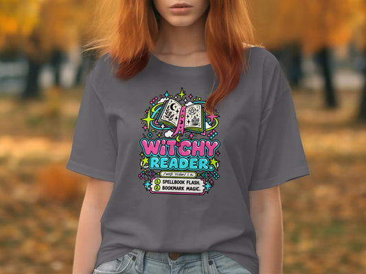 T-shirt with "Witchy Reader" text and open spellbook graphic.