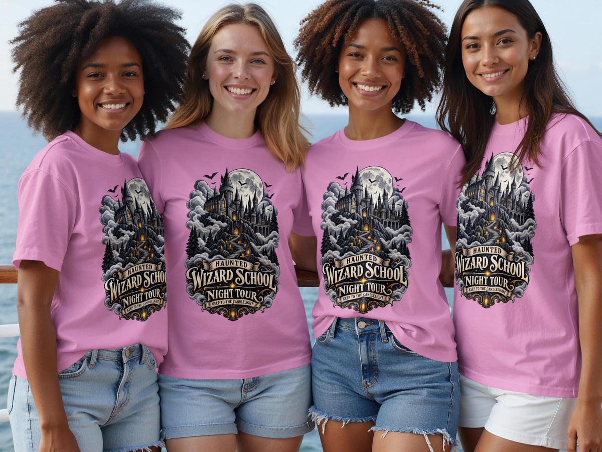Four smiling young women wear pink t-shirts with a "Haunted Wizard School Night Tour" graphic.