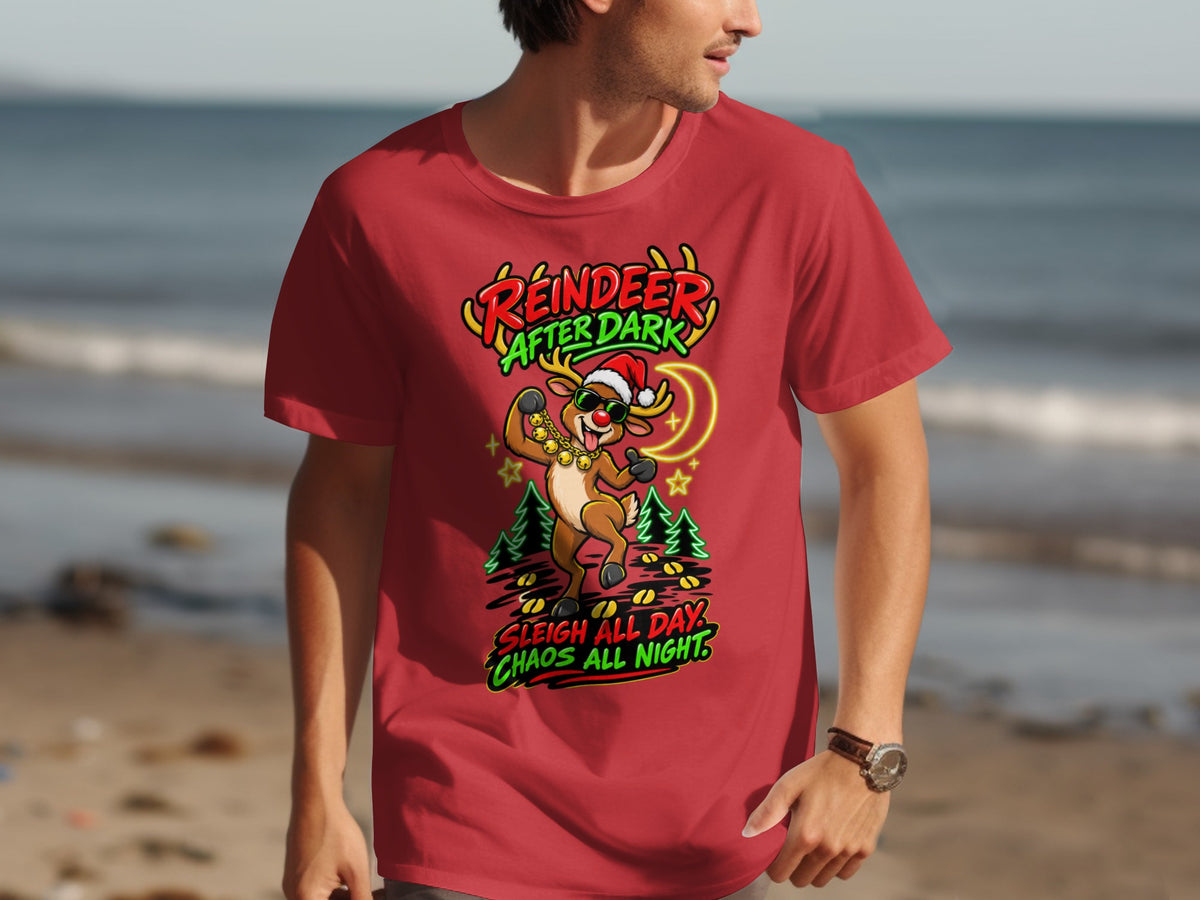 Red t-shirt with reindeer graphic and text "Reindeer After Dark Sleigh All Day Chaos All Night".