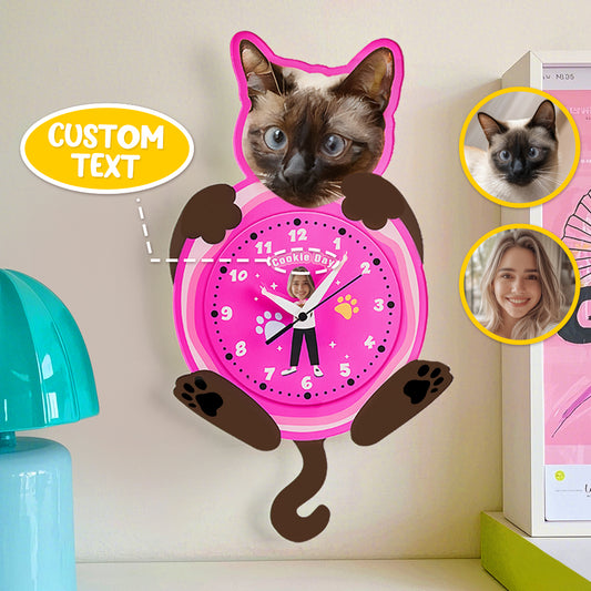 Custom Pet Cat Photo & Owner Face Wall Clock – Personalized Funny Gift for Pet Lovers