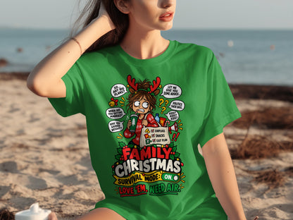 Green t-shirt with "Family Christmas Survival Mode On" graphic.
