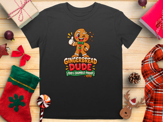 Black t-shirt with "Gingerbread Dude" graphic and holiday decorations.