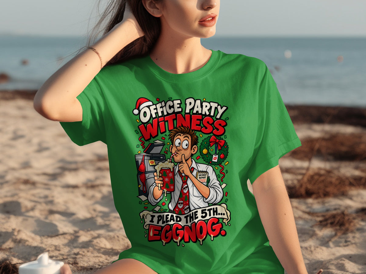 Green t-shirt with "Office Party Witness" and man drinking eggnog graphic.