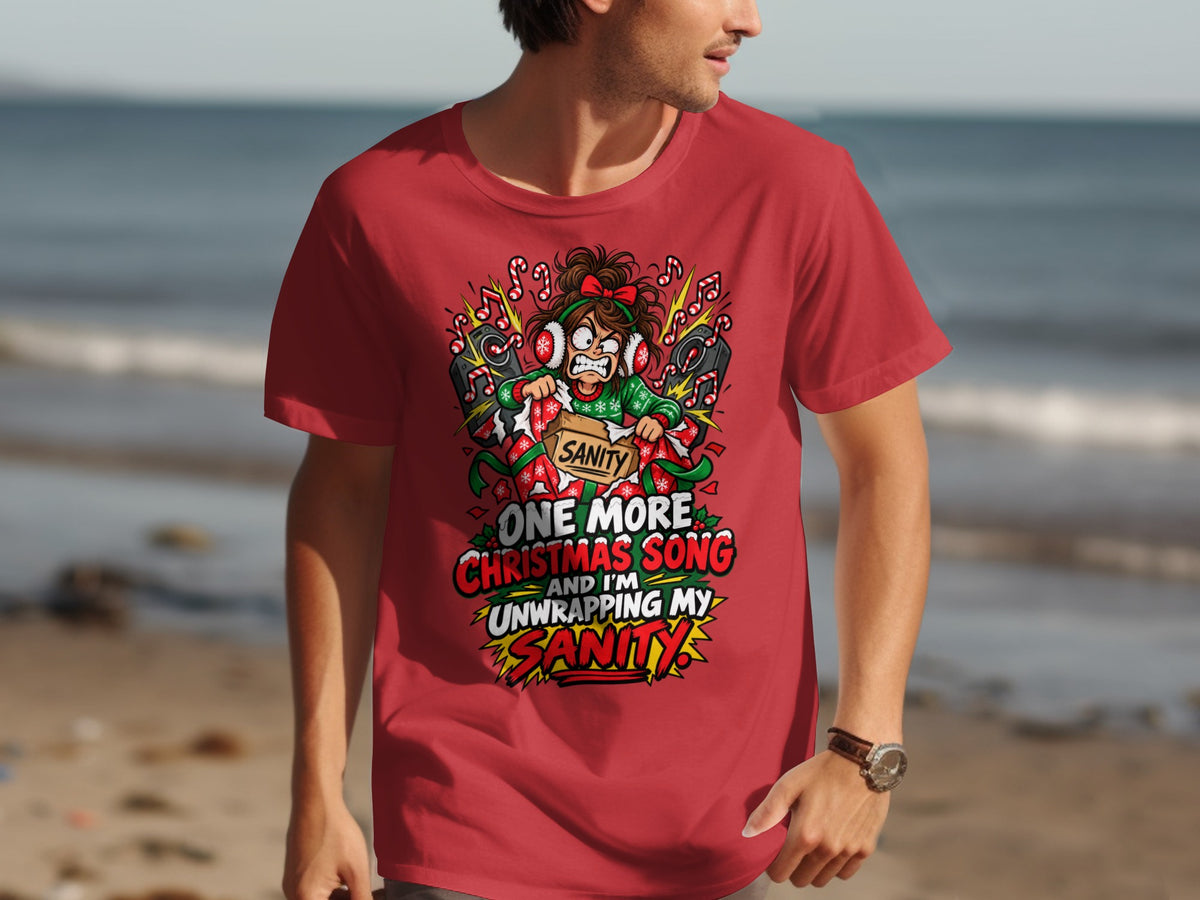 Red t-shirt graphic: woman ripping apart a box labeled "Sanity" to Christmas song music.