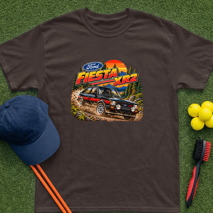 Graphic tee featuring a black Ford Fiesta XR2 driving on a dirt road.